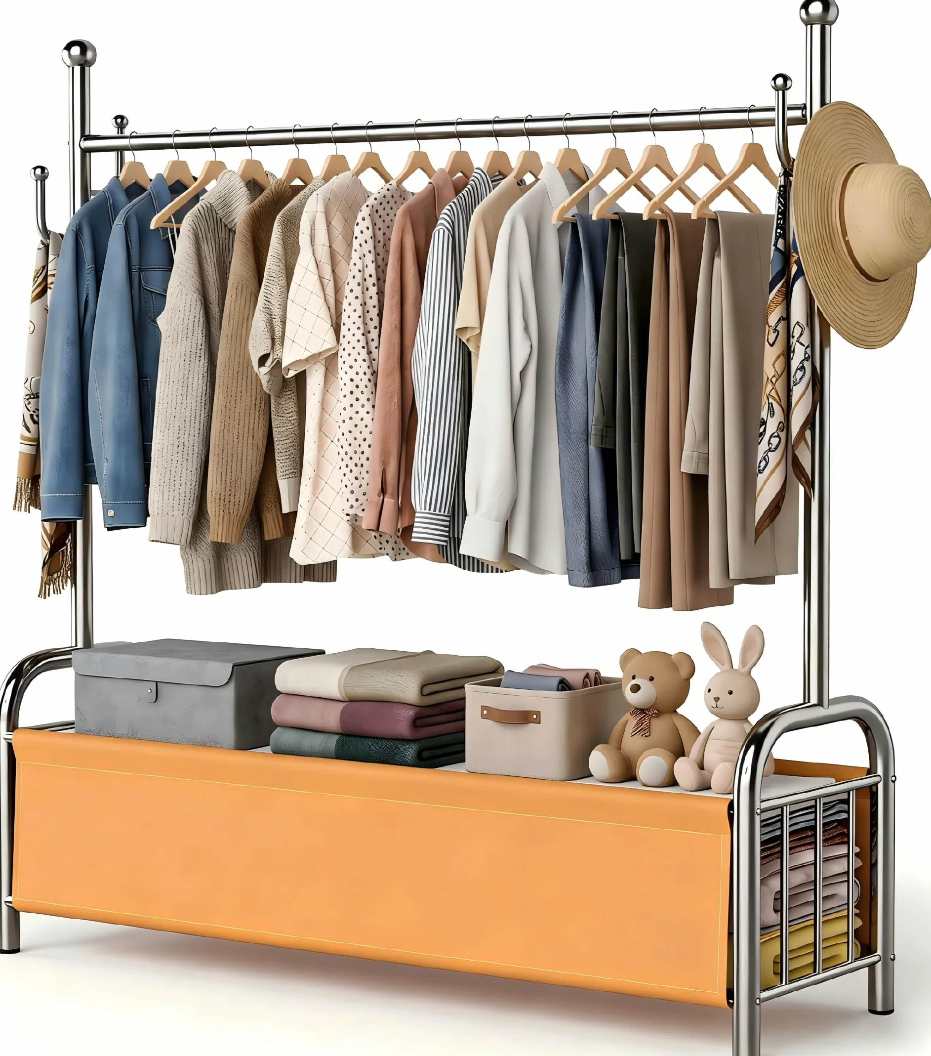 Burro Ropa Resistente de Acero Inoxidable con Cesta de Almacenaje, Perchero Burro Estable, Perchero de Pie, Barra para Ropa Robusta, 3 en 1 Tendedero y Organizador