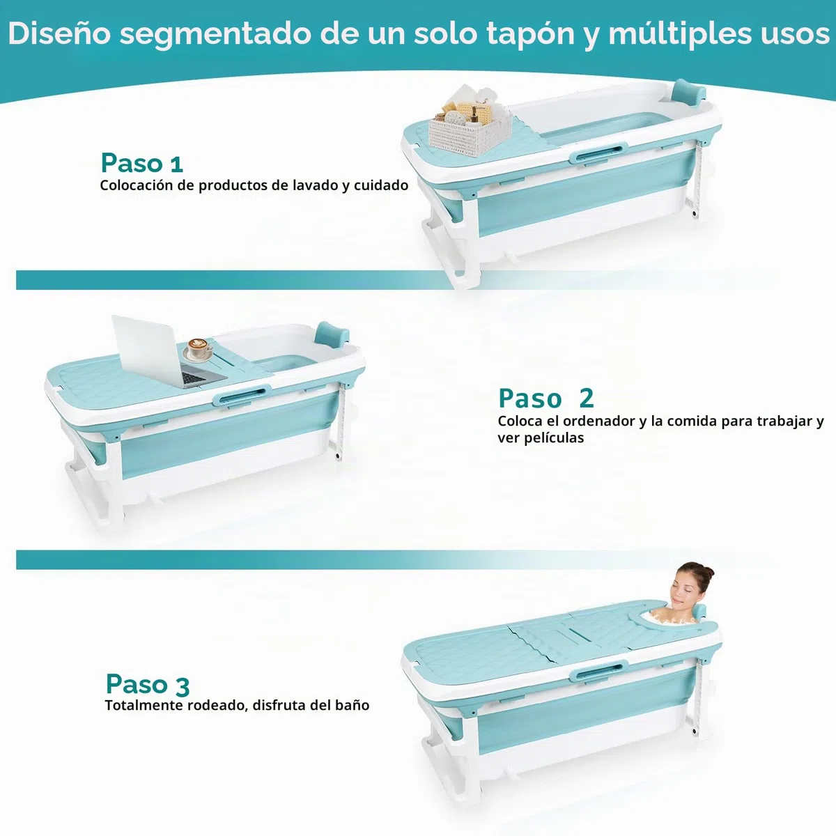 Ikodm Bañera plegable para adultos - XXL 149 x 60 x 50 cm - Bañera móvil plegable con tapa, rodillos de masaje y cesta - Para baño, ducha y balcón - Azul