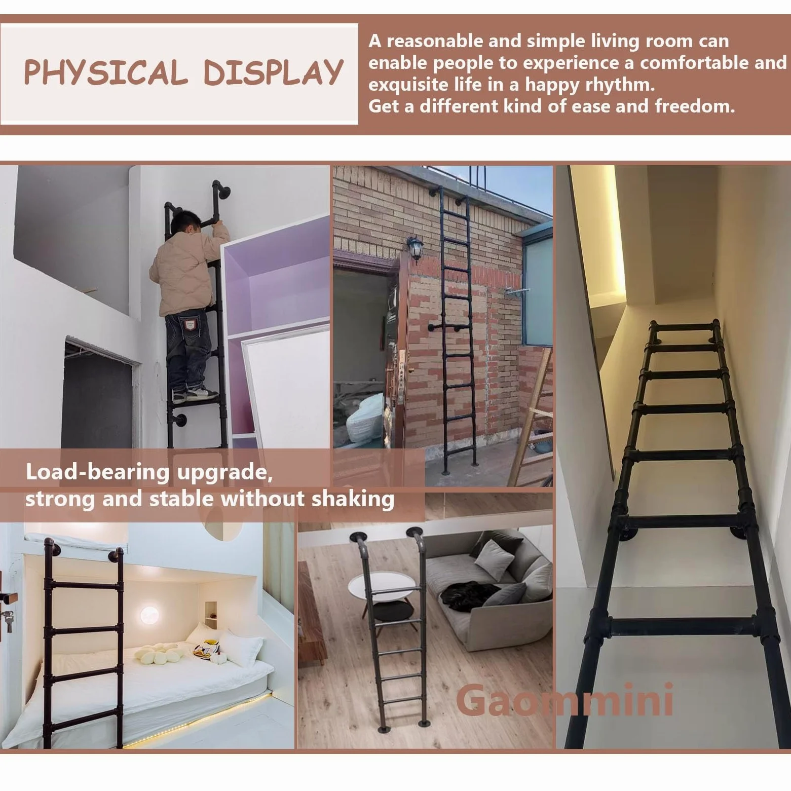 Escaleras de Pared para Interiores y Exteriores, Escalera Industrial de Hierro para literas, de 39, 49, 51, 55, 59 y 71 Pulgadas, Escalera de Salida de sótanos, de Metal Negro(130cm/51in)