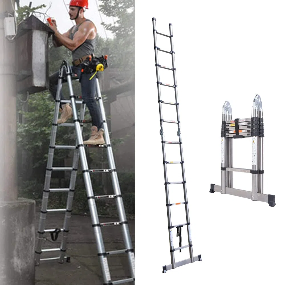 Escaleras Telescópica de 3,8M, Escalera Plegable Portátil con Marco en A, Escaleras Extensibles de Acero Inoxidable, Escalera Antideslizante Multiusos para el Hogar, Capacidad de Carga 330lbs