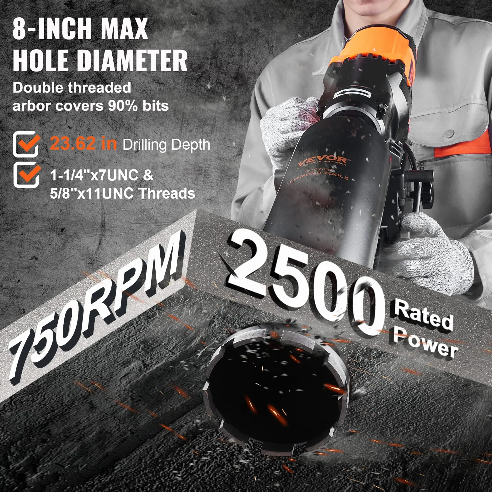 VEVOR Taladro de Diamante Diámetro Máximo de 20 cm Máquina Perforadora de Diamante Profundidad de 60 cm Perforación en Seco y Húmedo 750 rpm Taladro Diamantado para Construcción de Hormigón Armado