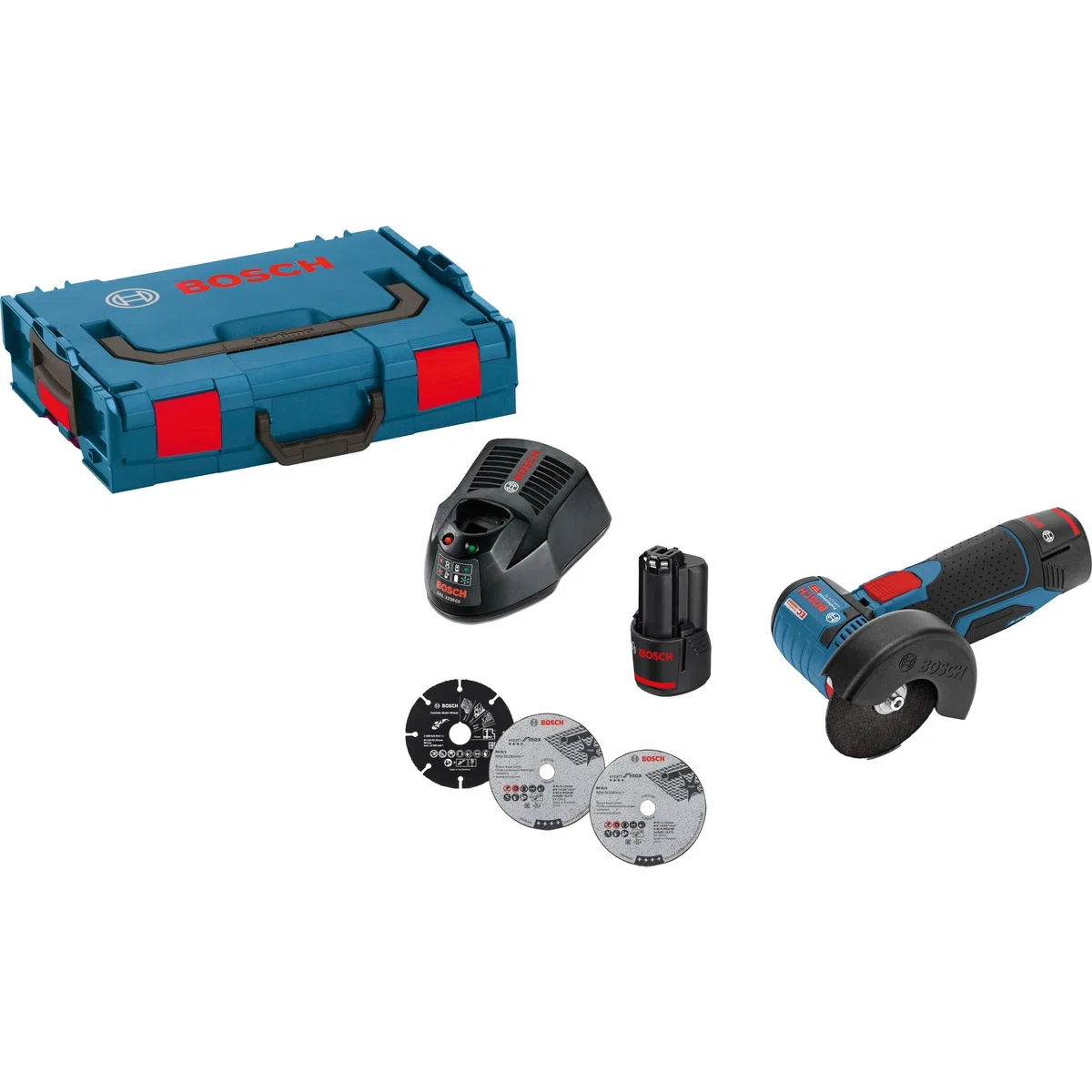 Bosch Professional 12V System amoladora angular a batería GWS 12V-76 (incl. 2 3.0Ah, cargador rápido GAL 1230 CV, 1 Carbide Multi Wheel, 2 discos de corte Expert for Inox, L-BOXX2)
