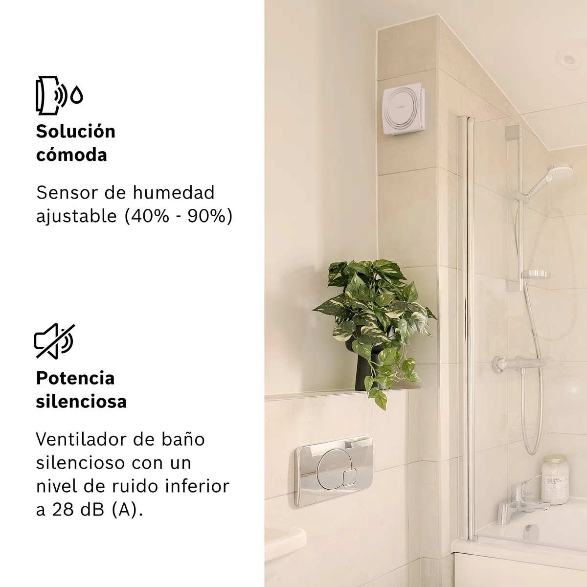 Bosch Extractor de baño silencioso 1900 DH 100mm - Para la ventilación del baño y WC, contra la humedad y el moho – Con sensor de humedad y temporizador – Diámetro 100 mm