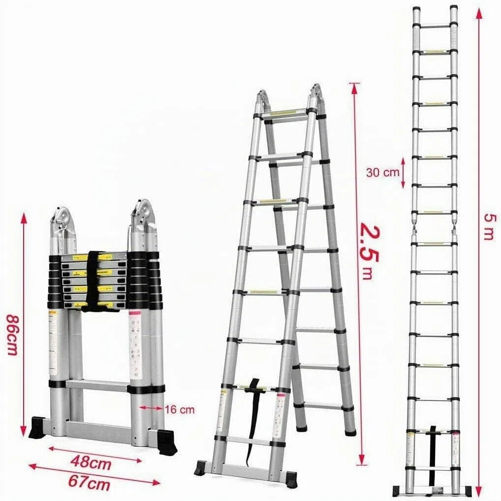 Escala telescópica de Acero Inoxidable, Escalera telescópica Extensible, Escalera telescópica Extensible, Escalera Plegable Loft Ladder,certificada EN131, Resistencia a 150 kg, 5 m (2,5 m + 2,5 m)