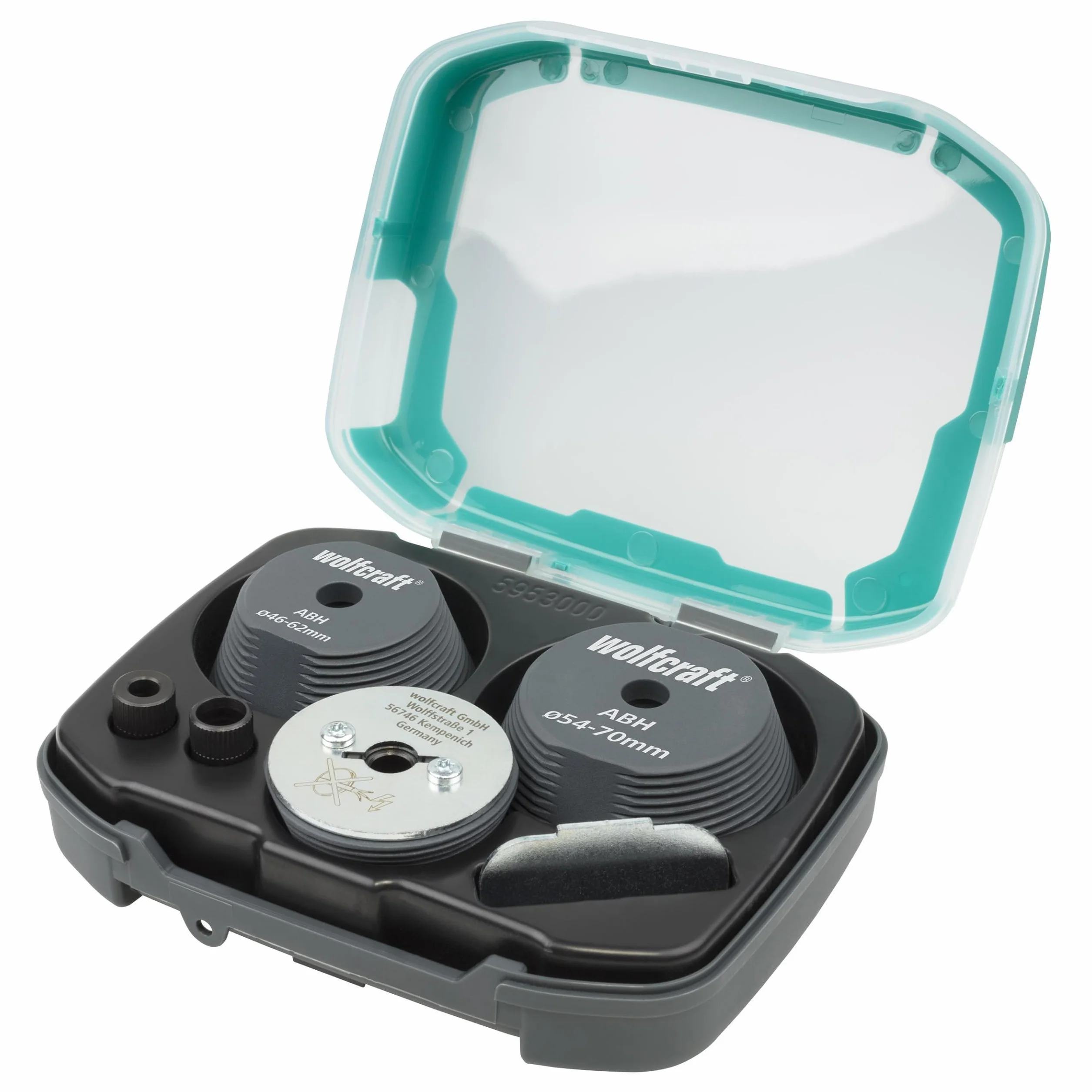 wolfcraft Kit de guía para taladrar de 3 piezas I 5953000 I Guía de sierras de corona para la ampliación centrada de taladros ya existentes Ø 35–70 mm