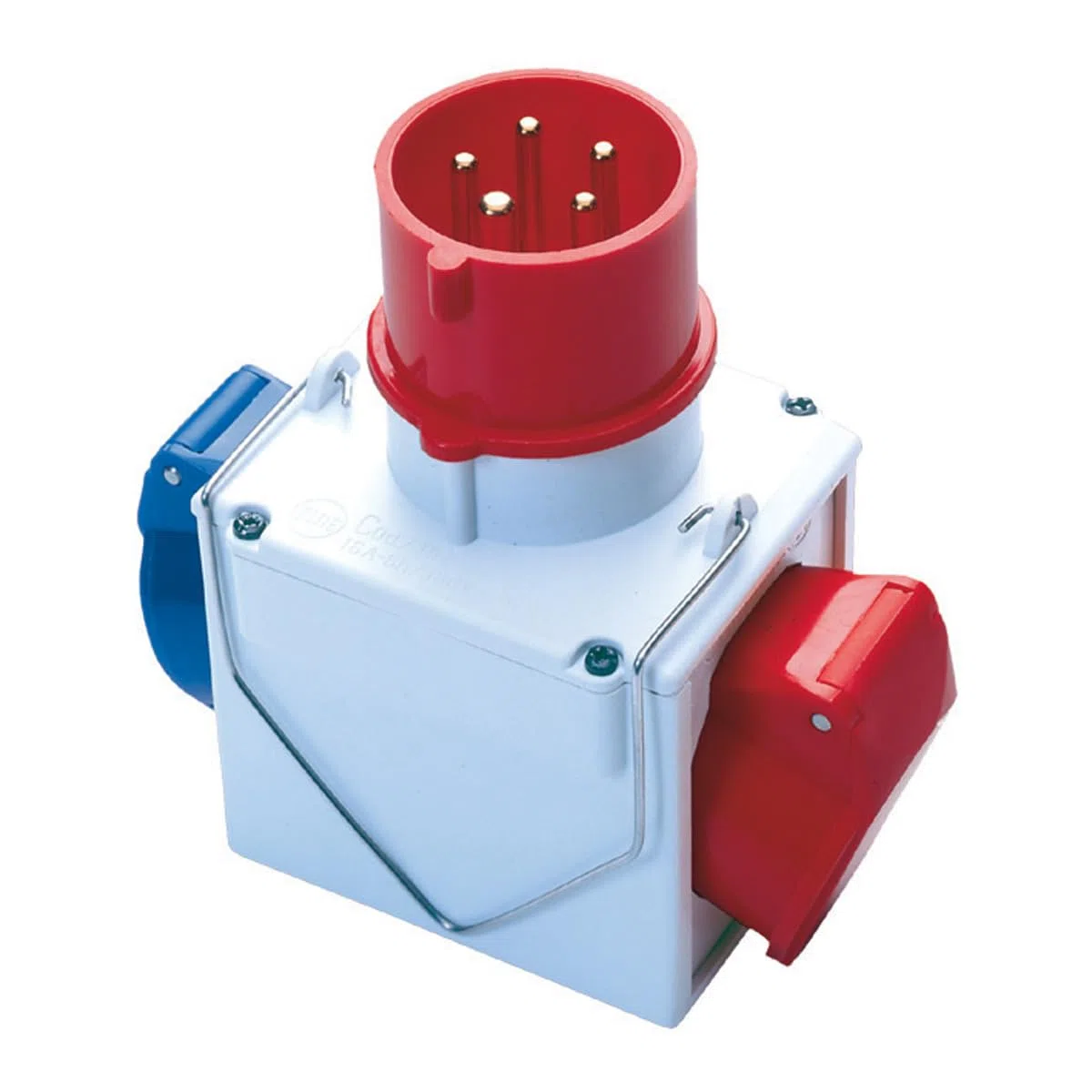 Adaptador industrial doble enchufe Color 3P + N + T 16 A CEE roja 400 V – IP44. Toma Color 1 x 2p + t 16 a Azul IP44 – 1 x 3P + T 16 A Rojo IP44.