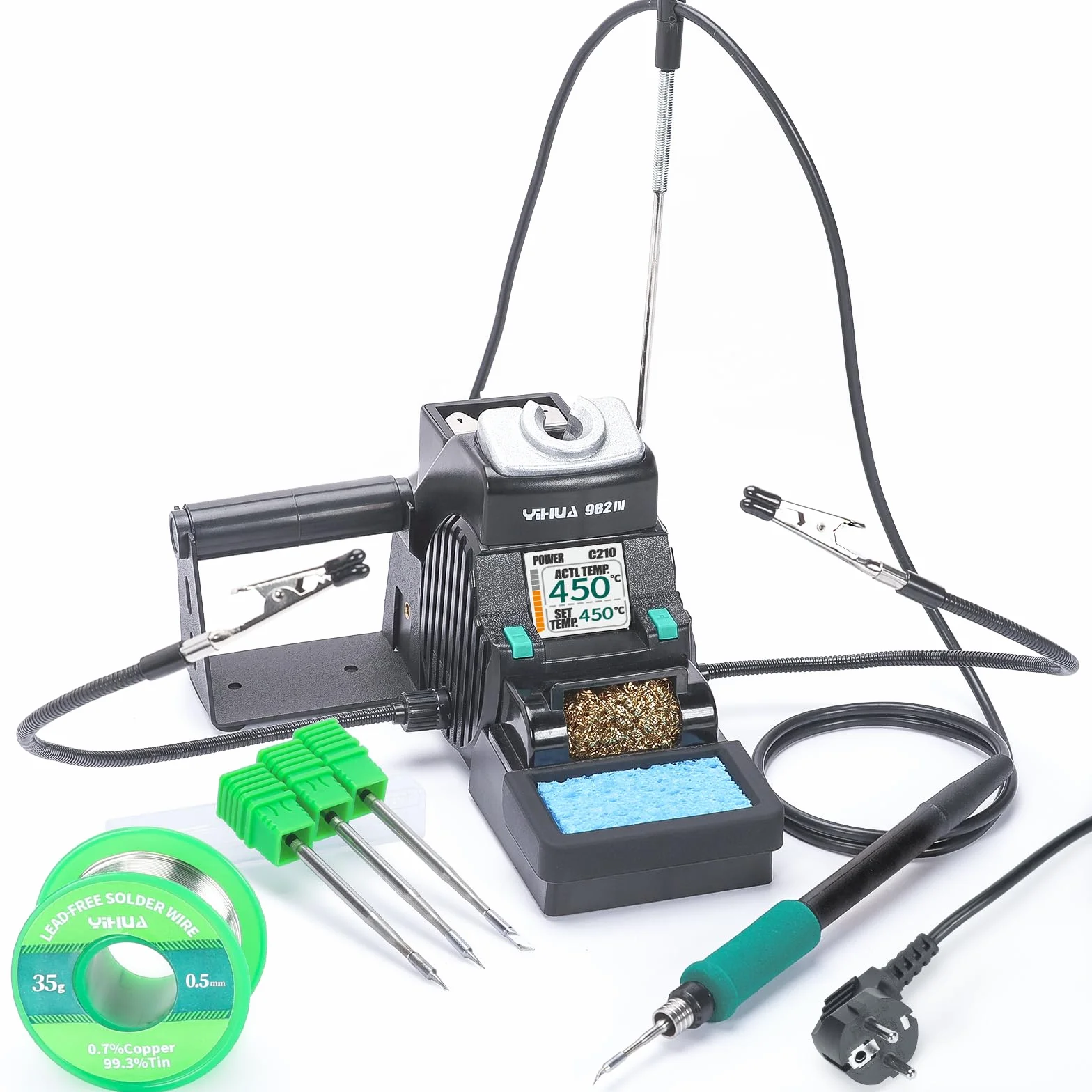 YIHUA 982-III Kit de estación de soldadura de precisión compatible C210 incluye 3 soldador estaño C210 alambre de soldadura sin plomo modo de reposo modo de espera automático pantalla a color completa