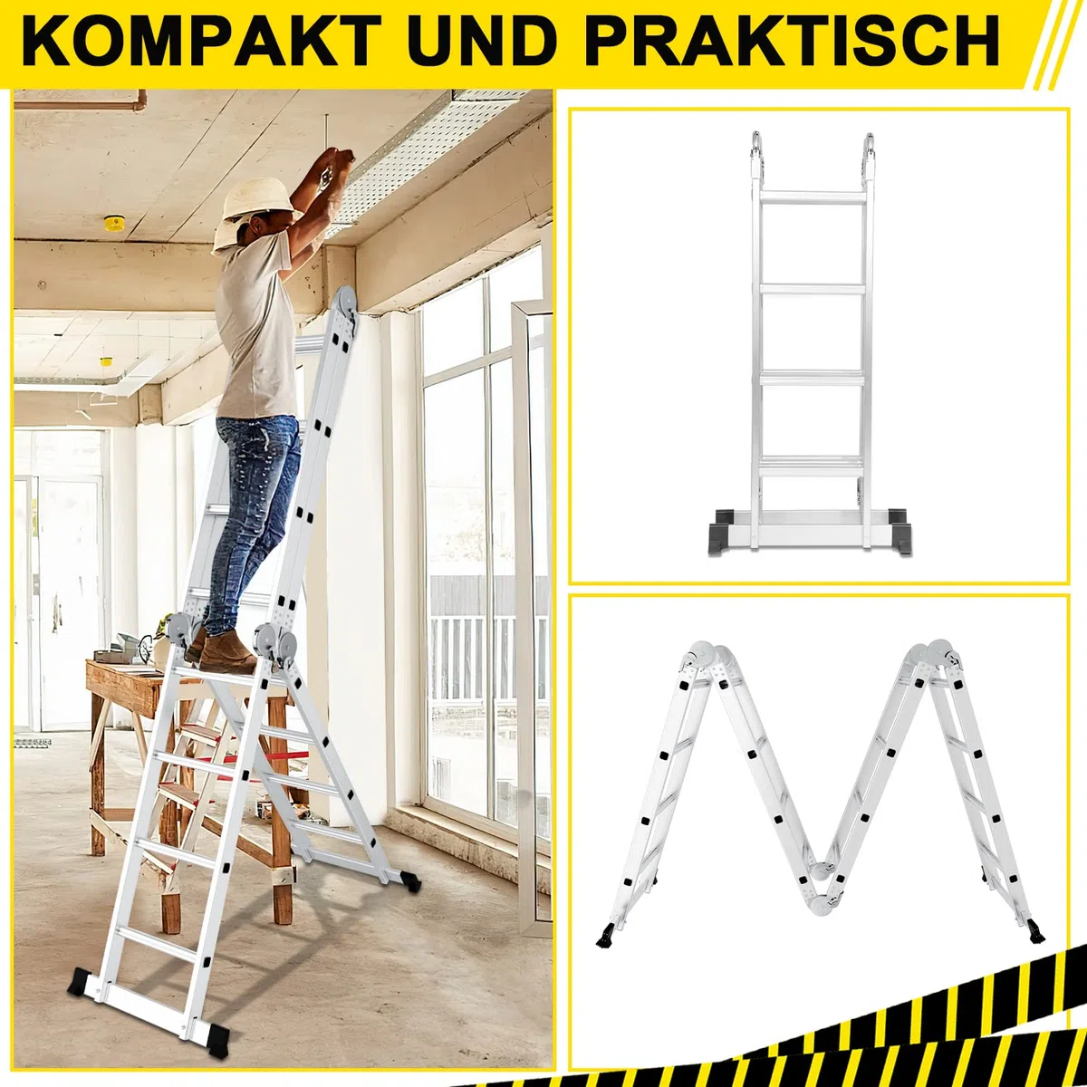 Ikodm Escalera Multiusos de 4 x 4 peldaños, 4,7 m, 7 en 1, de Aluminio, hasta 150 kg, con 2 Ruedas de Transporte y 2 Plataformas, Escalera articulada Plegable