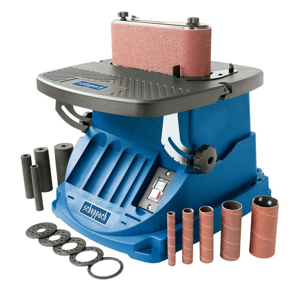 Scheppach OSM600 Lijadora de Banda y De Eje Oscilante 2 en 1 para un Acabado liso sin Rayas, 450W de Potencia, Azul