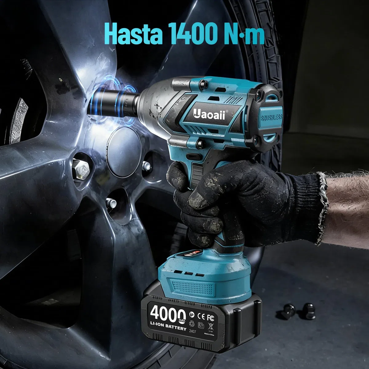 1400 Nm Llave de impacto inalámbrica 1/2", 2 baterías 4000 mAh con cargador rápido, 21V Llave de Impacto Eléctrica motor sin escobillas de alto rendimiento ideal para coche, camión, garaje