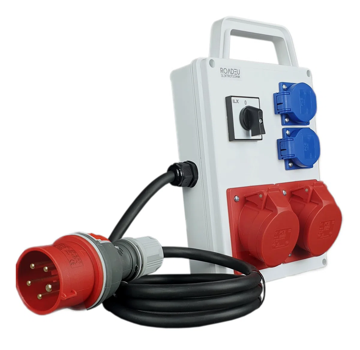 RoadEu - Portátil Distribuidor de corriente 16A con interruptor principal 0-1. 2x enchufes CEE 16A - con 2x enchufes Schuko de 230V. Regleta 1m. IP44 Ideal para Taller, Cobertizo y Fábricas