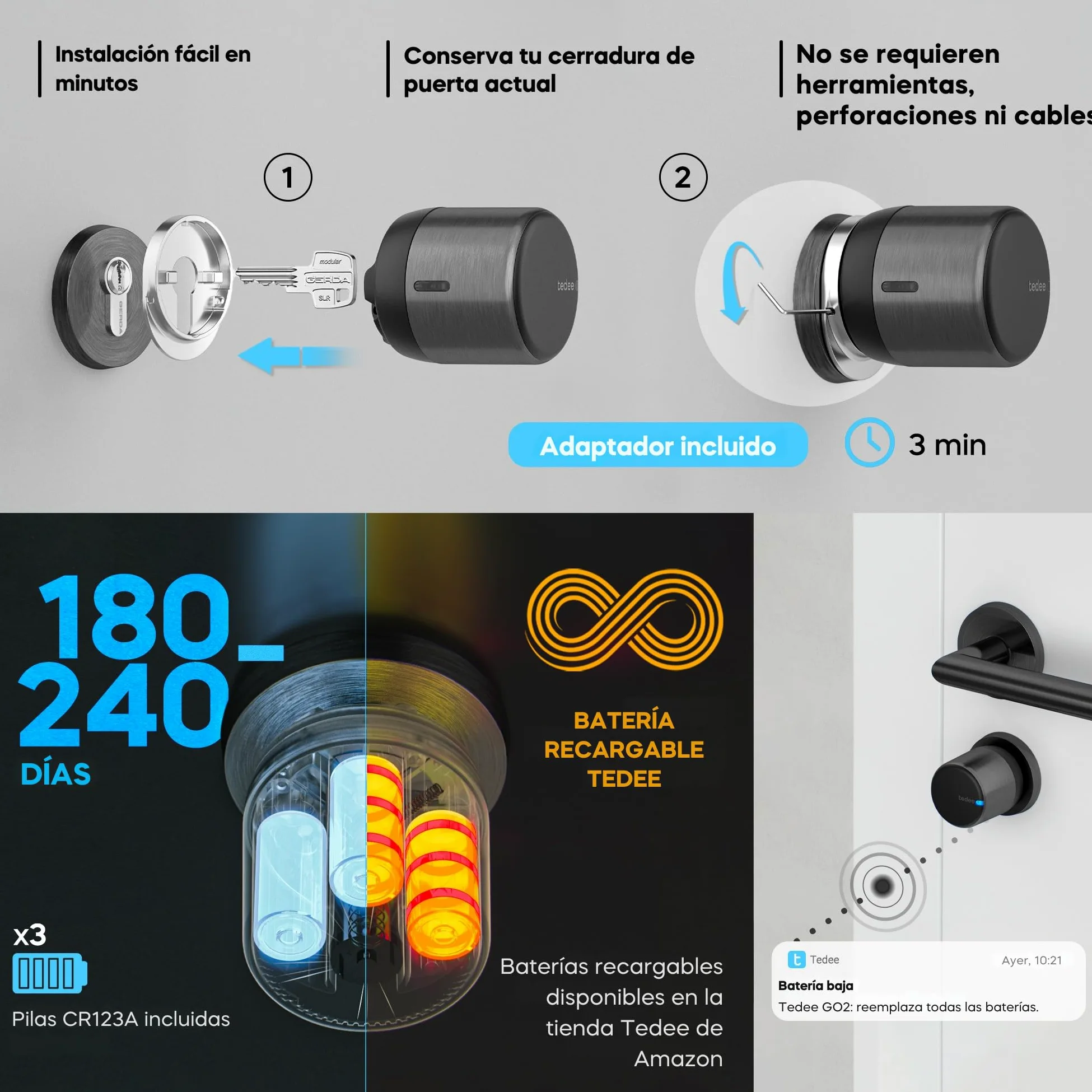 tedee GO2 Alu Cerradura Inteligente con WiFi y Bluetooth, Electrónica Kit con Cilindro Exxo Smart 31-62/31-62mm y Bridge, para Acceso Remoto y Desbloqueo Automático, Compatible con Alexa Google Matter