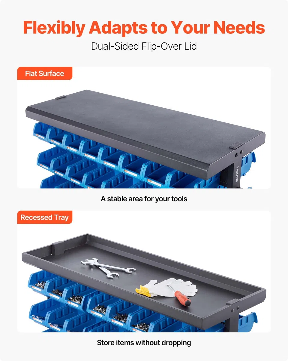 VEVOR Estantería Móvil de Plástico con Ruedas, 7 Niveles y Doble Cara, para 94 Contenedores, Carga Máxima por Nivel 40 kg, para Garaje, Almacén, Oficina, Restaurante y Aula, 900 x 500 x 1245 mm