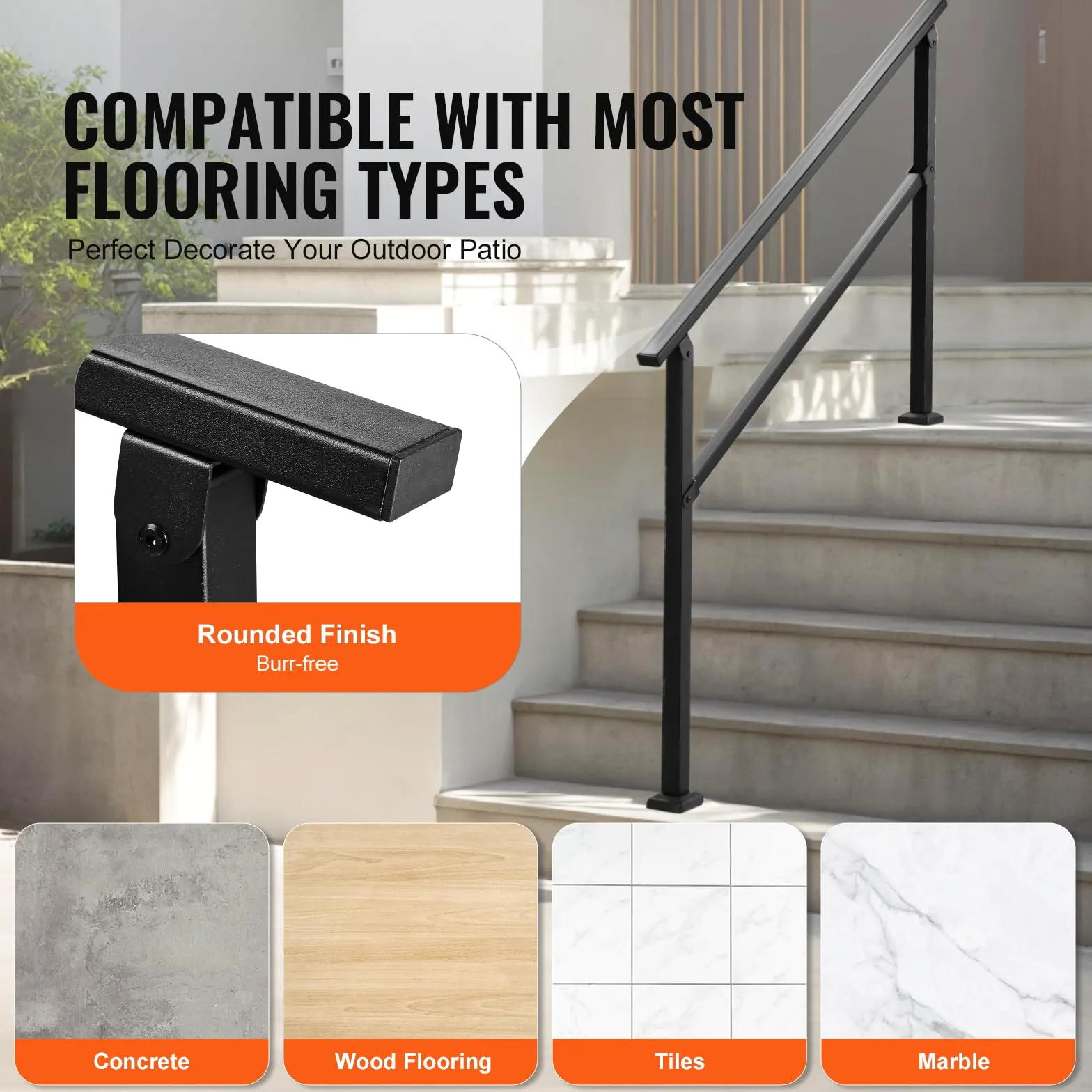 VEVOR Pasamanos de Exterior para Escalera Kit de Barandilla para 4 a 5 Escalones Tubo Cuadrado con Barra Horizontal Rieles de Soporte de Acero al Carbono para Escaleras de Hormigón, Terraza, Negro