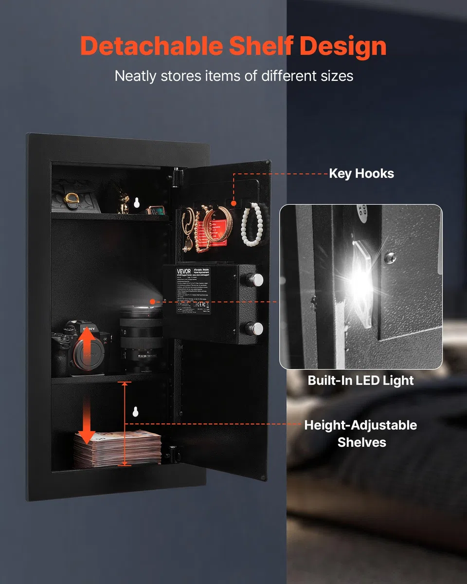 VEVOR Caja Fuerte Mural con Contraseña y Llave, Carcasa Empotrada de Acero Laminado en Frío Q235 con Estantes Ajustables e Iluminación LED, para Dinero, Joyas y Pasaporte, 102 x 370 x 630 mm, Negro