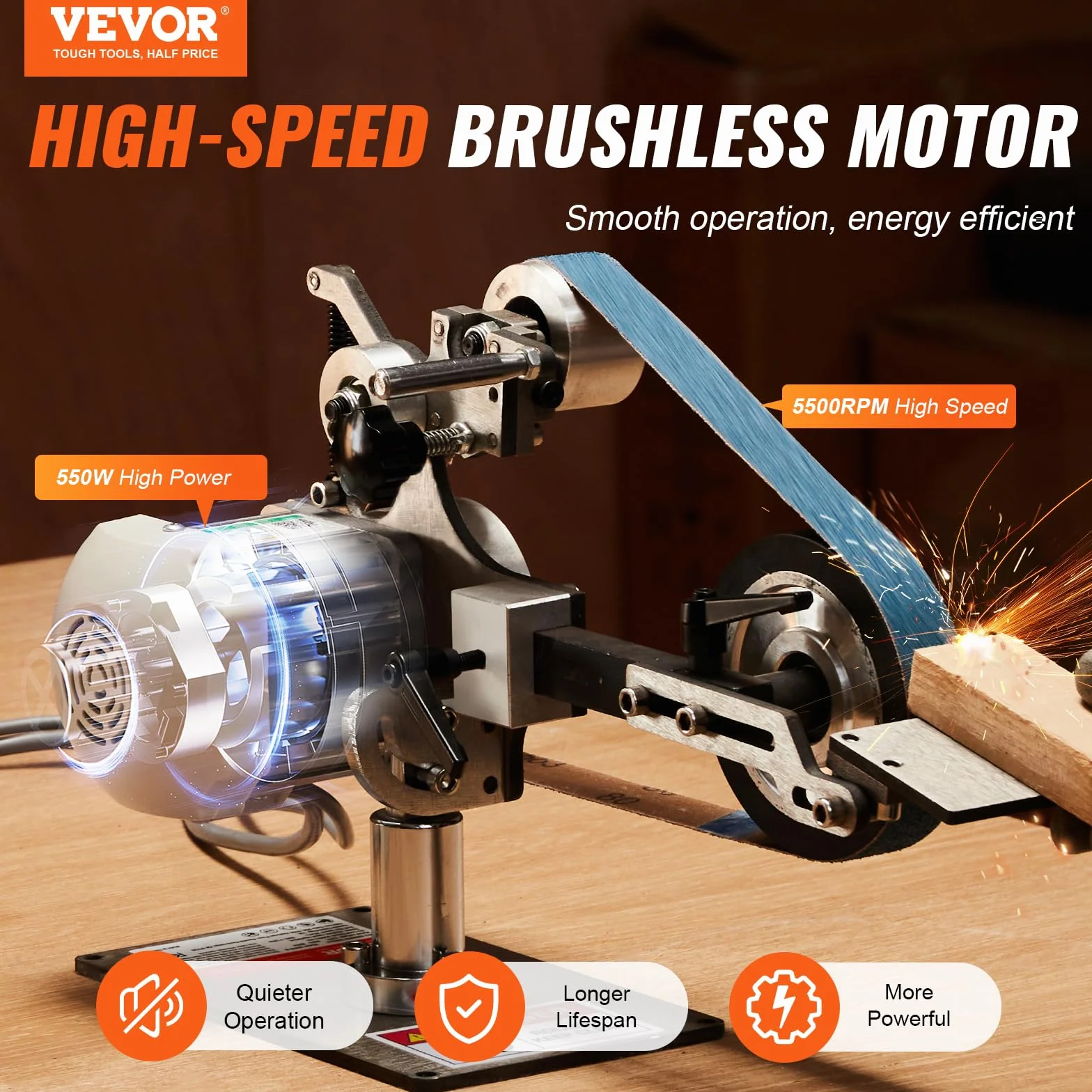 VEVOR Lijadora de Banda, Pulidora de Banda de Velocidad Variable 762 x 25,4 mm con VFD, Pulidora de Banda 550 W con 2 Moldes de Pulido y 3 Bandas de Lijado para Trabajar Metales y Fabricar Cuchillos