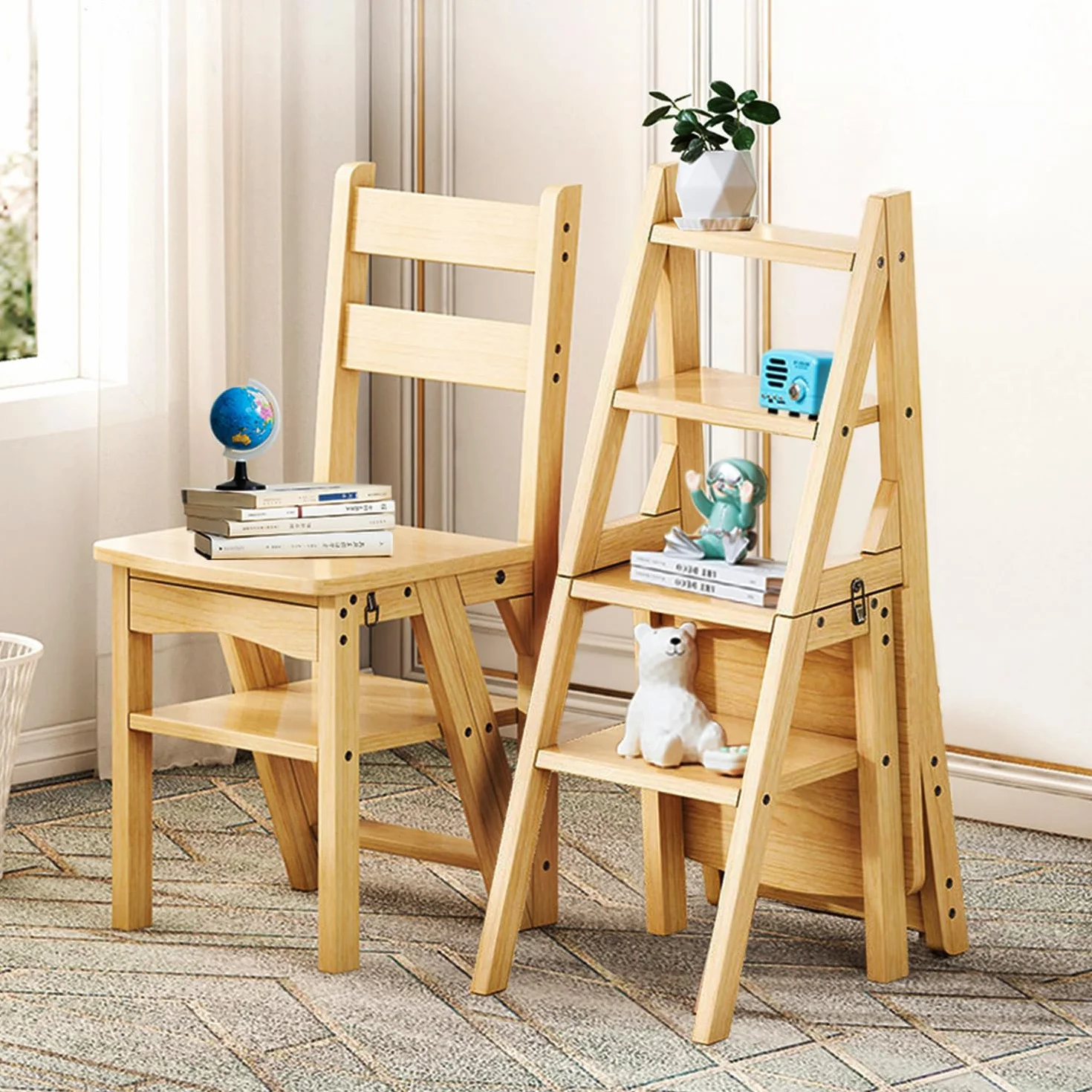 Silla Escalera Plegable 3 en 1 de Madera Sólida, Taburete Escalonado Convertible y Estante de Exhibición, Escalera Multifuncional de 4 Niveles, para el Hogar, Cocina, Biblioteca (Madera)