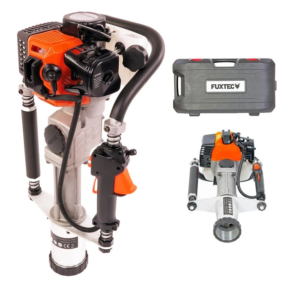 Martillo Demoledor de gasolina 32,7 cc FUXTEC FX-PR165 Motor de 2 tiempos con dos adaptadores de 20-45 mm y 46-80 mm para postes de madera, metal y aglomerado