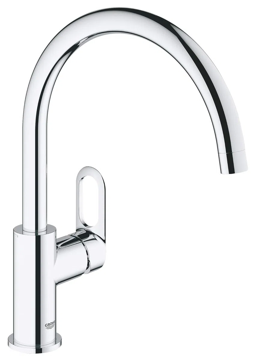 Grohe, BauLoop, Grifo Mezclador de cocina, monomando para instalación en un solo agujero, Cromo, Caño alto giratorio en un án gulo de 360 grados (Ref 31368000)