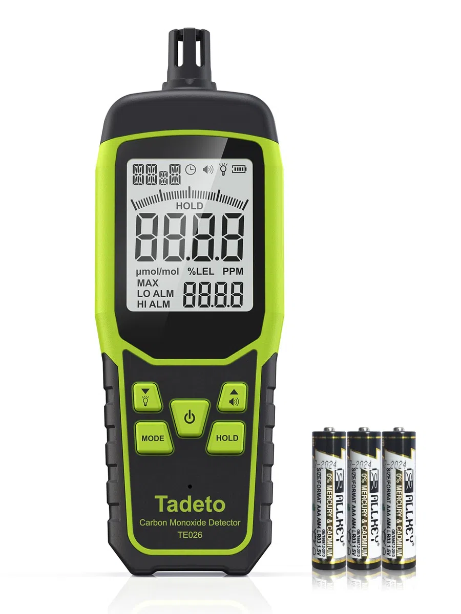 Detector de Monóxido de Carbono, Detector de CO Portátil Tadeto con Alarmas Acústicas y Visuales, Sensor Profesional CO Warner para Uso Interior, Exterior e Industrial (Pilas Incluidas x 3)