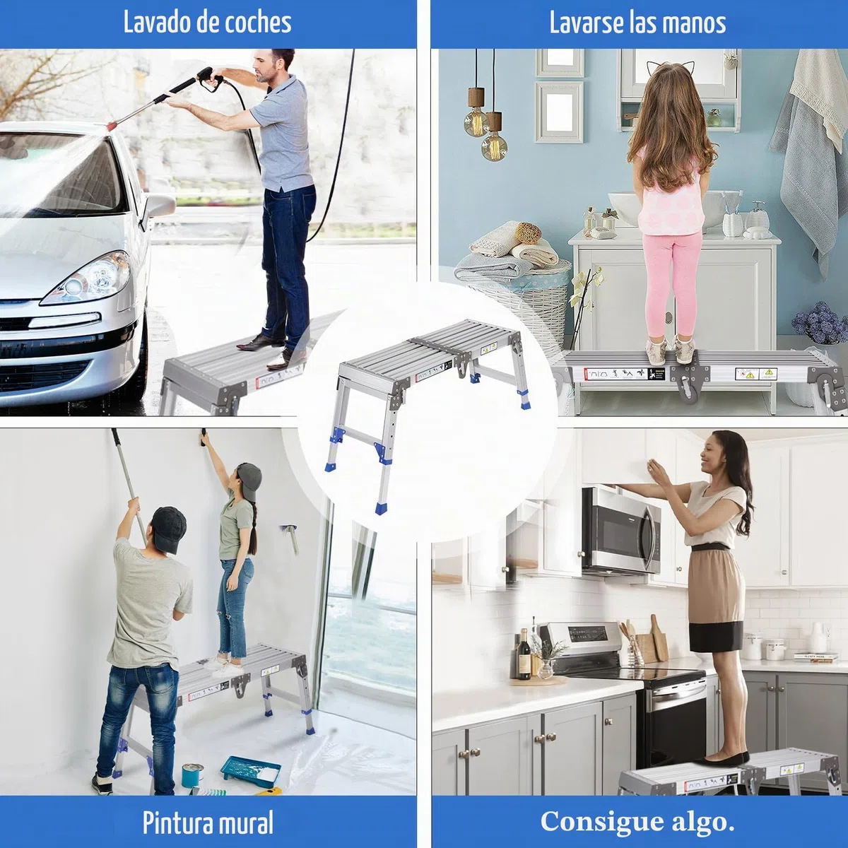 Plataforma de trabajo de aluminio mejorado para escaleras para trabajo y acceso hasta 362 kg, plataforma de trabajo, escalera ajustable de aluminio con cerraduras de seguridad, cojinete