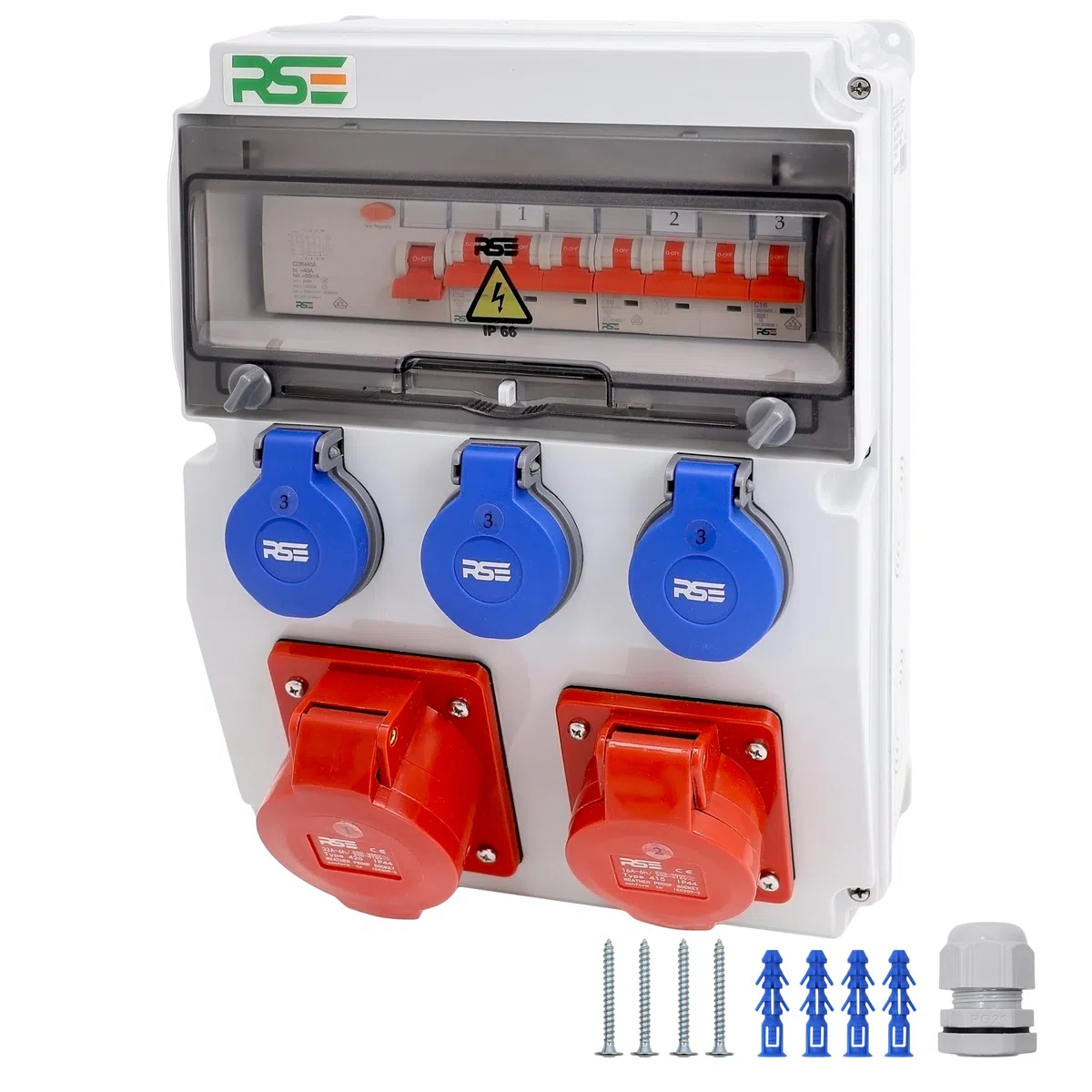 Distribuidor de corriente de pared totalmente cableado 32A 16A 230V con enchufe CEE IP65, 9. 1 x 32 A, 1 x 16 A, 3 x 230 con LS+FI