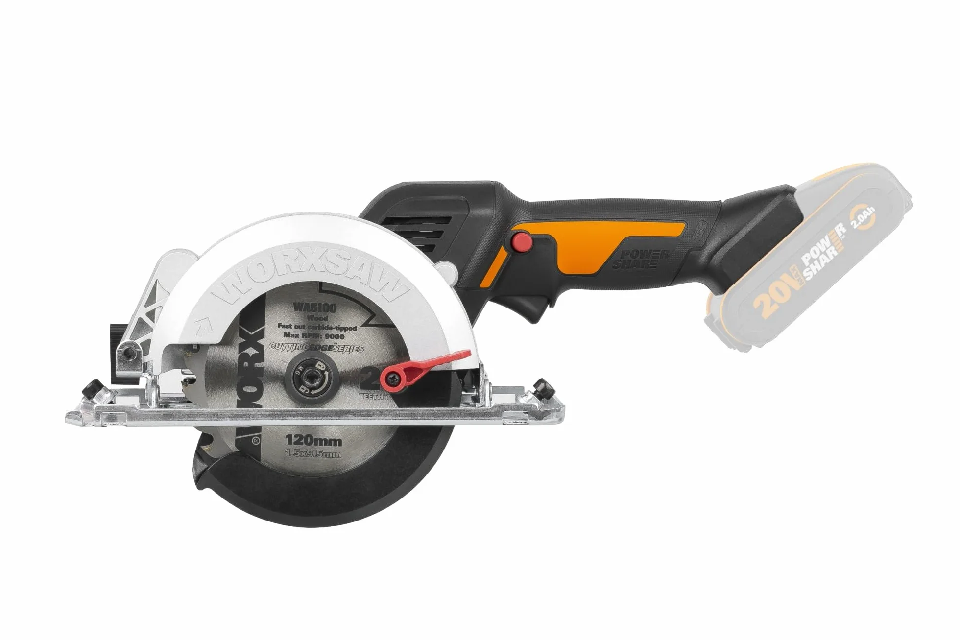 WORX WX531.9 Sierra circular brushless 20V, WORXsaw XL, disco 120mm, cuerpo delgado, ajuste rápido de profundidad, cortes precisos en madera, sin batería ni cargador, PowerShare