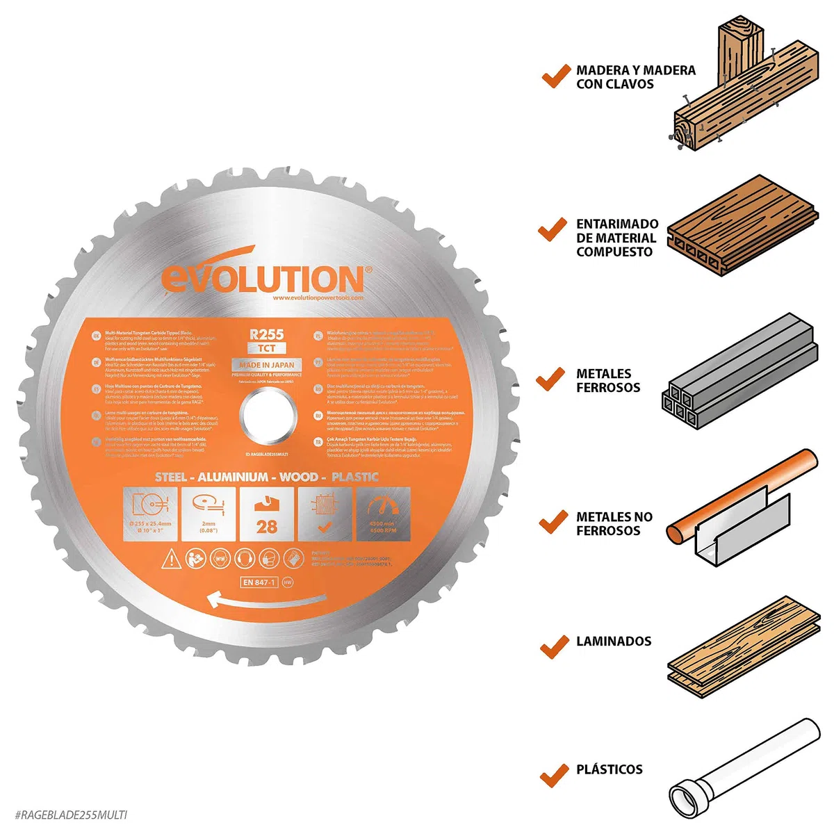 Evolution Power Tools - R255TCT Hoja de sierra multiuso con punta de acero de carburo RAGE, Corta acero dulce, aluminio, plástico, incluso madera con clavos incrustados, 255 mm