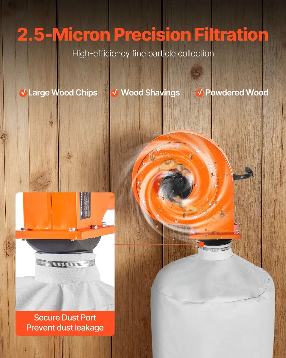VEVOR Extractor de Polvo de Pared, 1 HP, 951,45 m³/h, con Bolsa Colectora de Polvo 2,5 Micras y 79,5 L, Extractor de Virutas a Carpintería, Talleres y Fábricas Industriales, 1040 x 350 x 400 mm