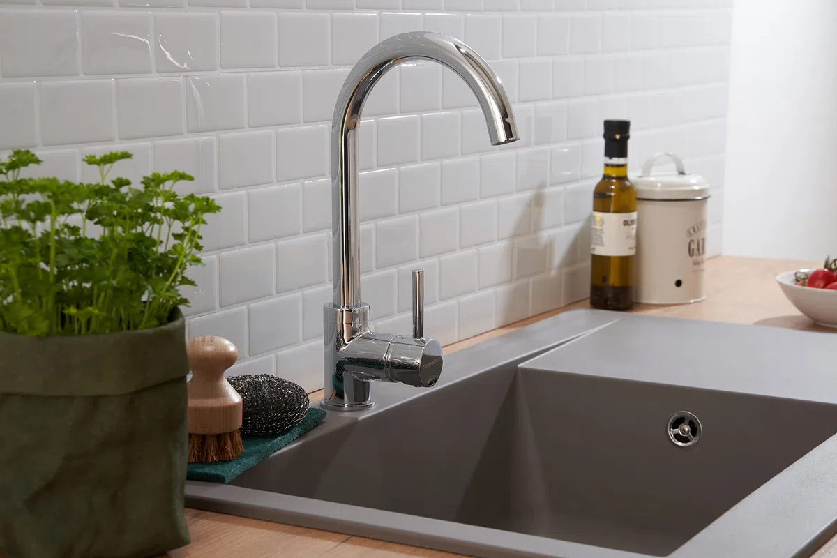 Respekta fregadero de cocina Denver de mineralita en gris cemento/Fregadero empotrable de 1 cubeta en 86 x 50 cm/Lavabo adecuado para armarios inferiores de 60 cm de ancho