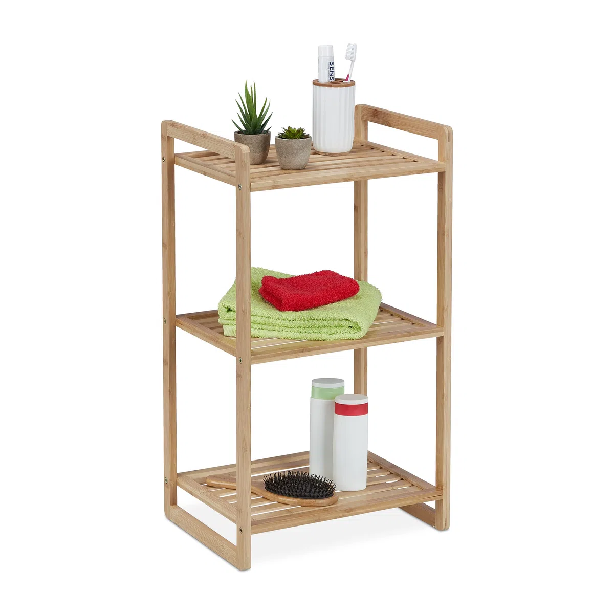 Relaxdays Estantería Bambú, 70 x 40 x 30 cm Aprox., Estante de Pie con 3 Baldas, Baño, Cocina, Salón, Autónoma, Natural