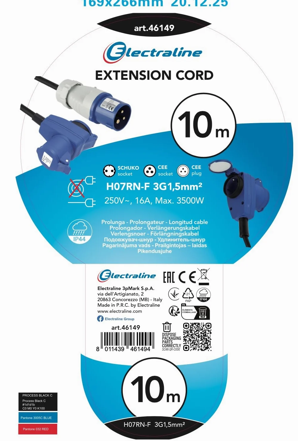 Electraline 46149 Extensión de goma RN-F 10m Conector IEC industrial de 3 polos + 1 Schuko Adecuado para Camper, Camping, Caravana, Barco, Construcción - IP44, 10 m, Negro