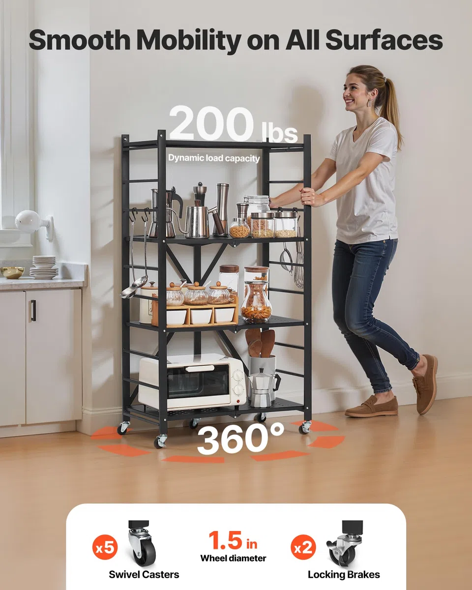 VEVOR Estante de Almacenamiento Plegable de 4 Niveles con Ruedas 66 x 33 x 117 cm Estantería Metálica Móvil Resistente, sin Necesidad de Ensamblaje, Organizador para Garaje, Cocina, Sótano, Negro