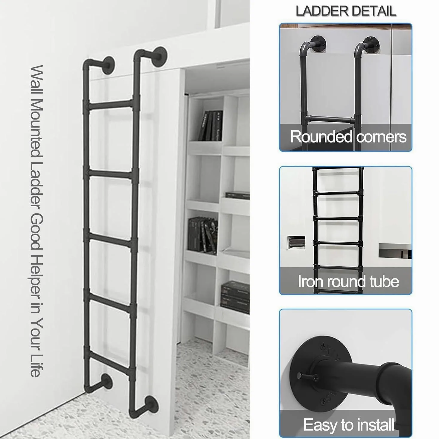 Escalera antideslizante, escalera de escape de incendios de hierro de Metal ferroso montada en la pared, escalera de seguridad del techo al aire libre con camión ático pesado de 330 libras,Black-1.4M