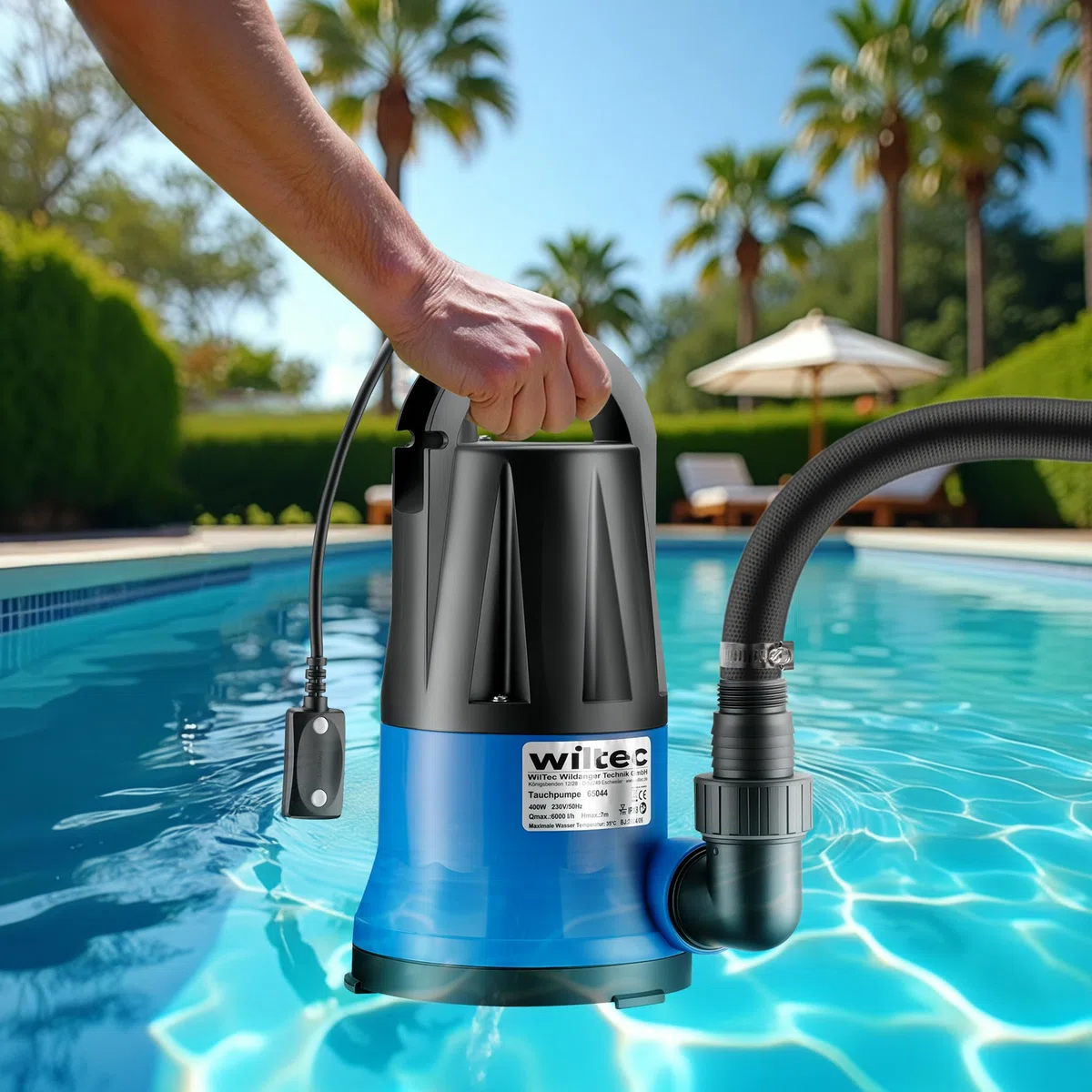 Wiltec Bomba de agua sumergible de aspiración plana 400 W aguas residuales hasta 1 mm caudal máx. 6000 l/h, altura máx. 7 m, profundidad máx. 7 m sensor de nivel de agua
