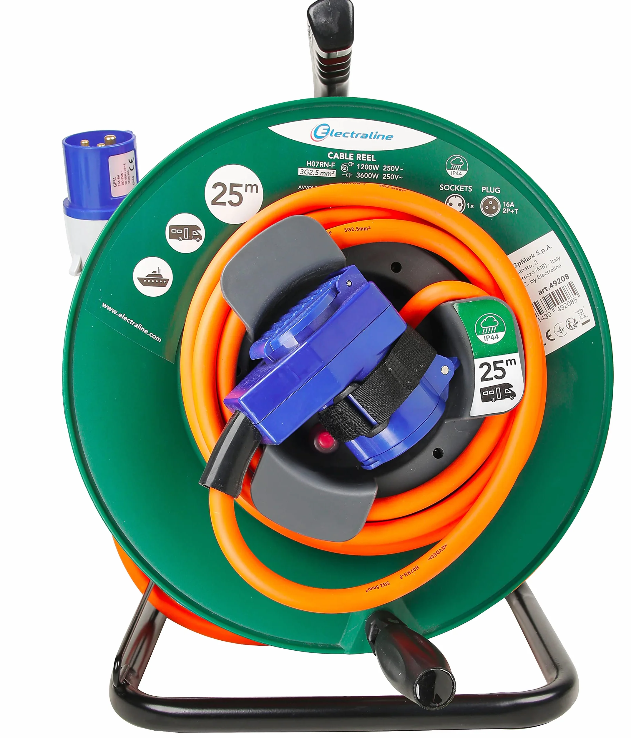 Electraline 49208 Cable Alargador con Enrollacables Industrial de 25M para Campistas, Camping, Caravana,con Doble Toma (1 CEE Industrial+1 Schuko), Enchufe CEE IEC, Cable H07RN-F 3G2.5mm IP44, Verde