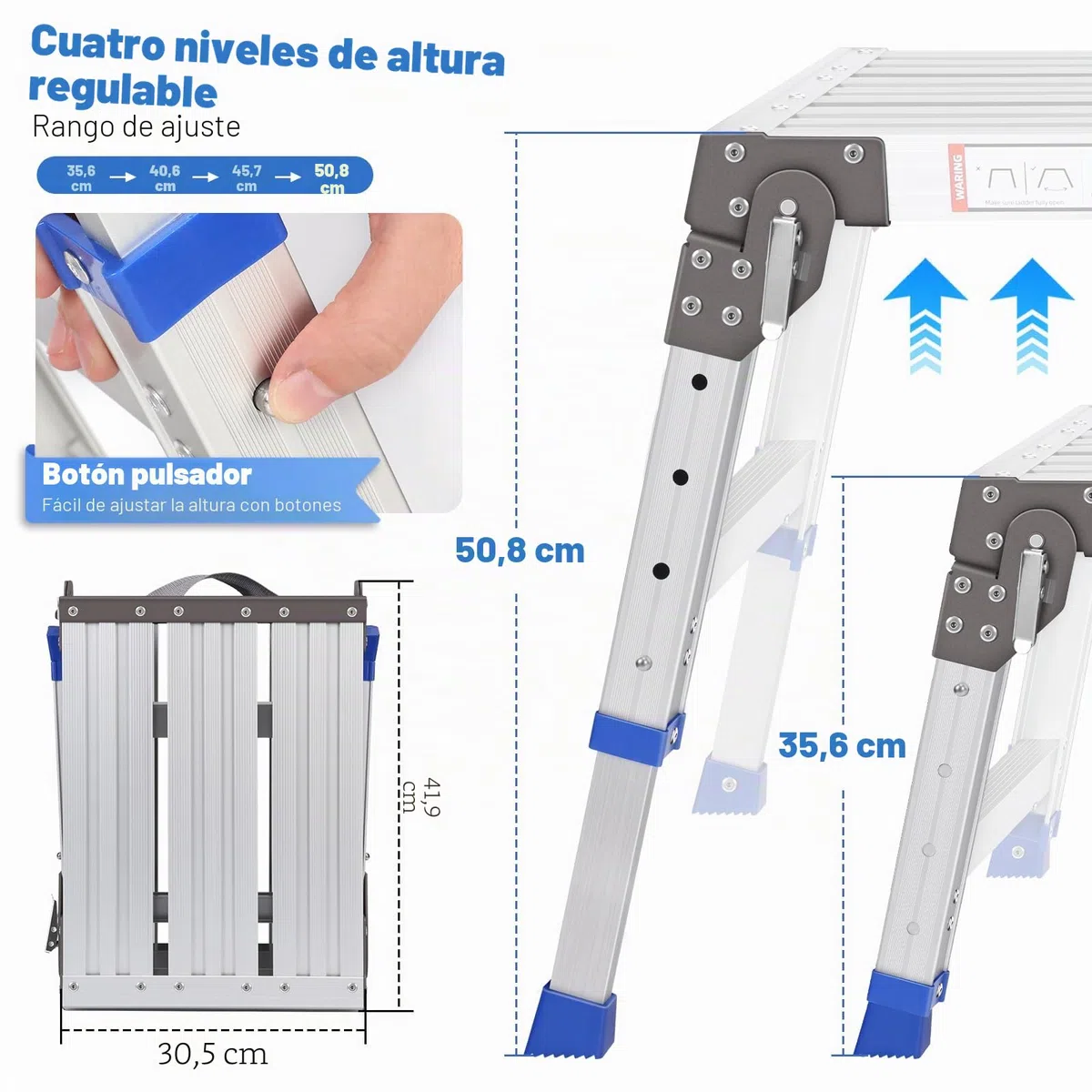 Plataforma de Trabajo de Aluminio Mejorada Plegable hasta 362 kg, Plataforma de Trabajo, Escalera escalonada de Aluminio Ajustable con cerraduras de Seguridad, Pedestal para escaleras