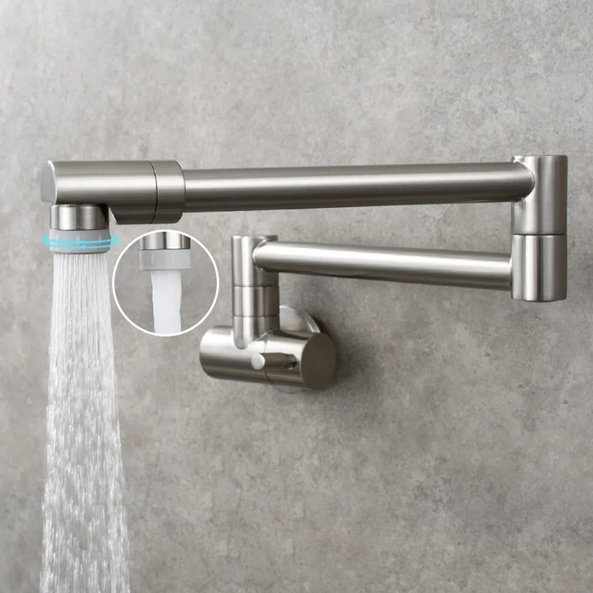 Grifo De Cocina, Latón Plegable Swing Spout Grifo De La Cocina Montaje En Pared Sola Manija Pot Filler Grifo, Grifo De Cocina Plegable Con Brazo Oscilante De Doble Articulación,Brushed