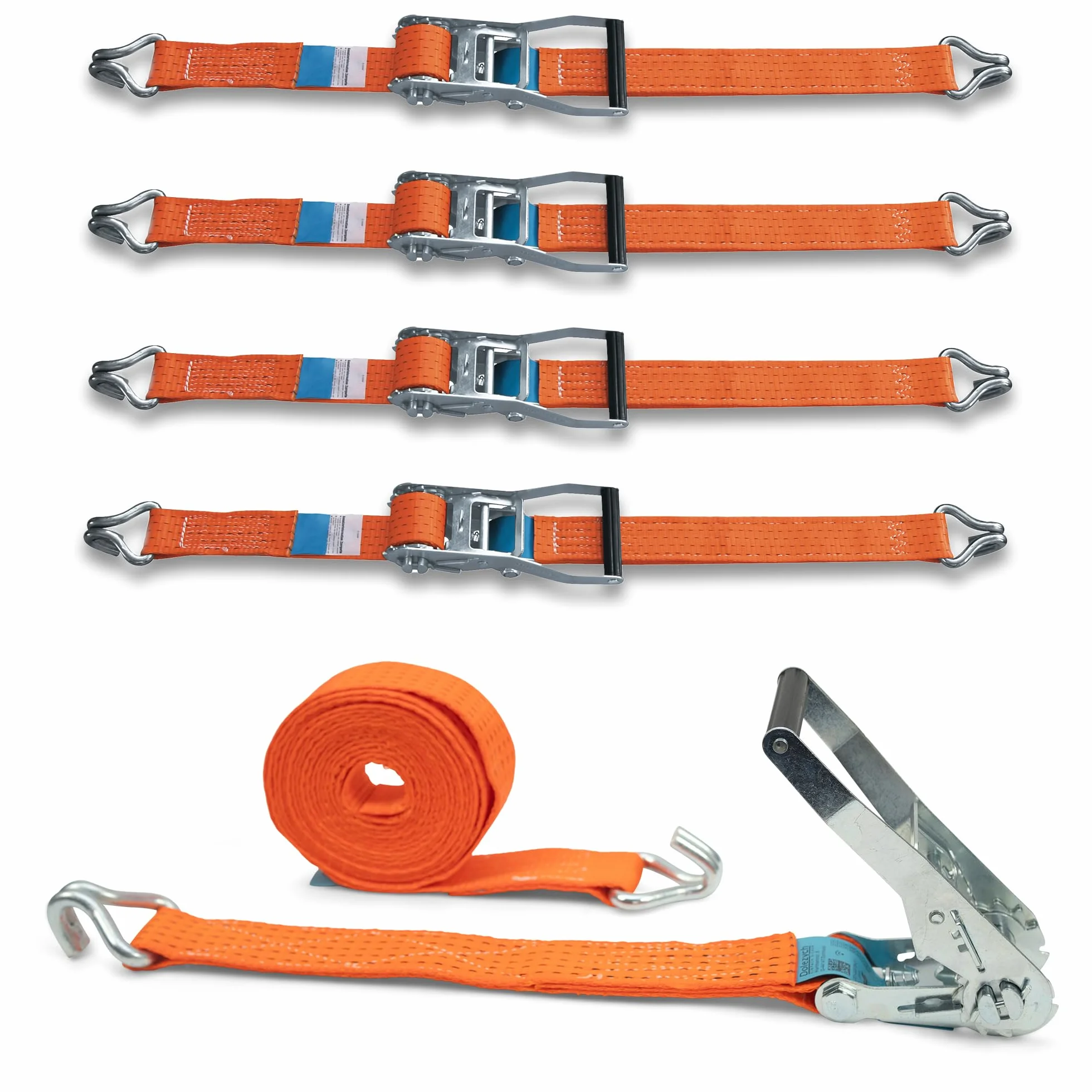 DoZurr 5000 - Juego de 4 Correas tensoras con trinquete Estable y Gancho de Perfil, soporta hasta 2500 kg, 50 mm de Ancho x 6 m de Largo, Naranja, para Camiones y remolques Grandes
