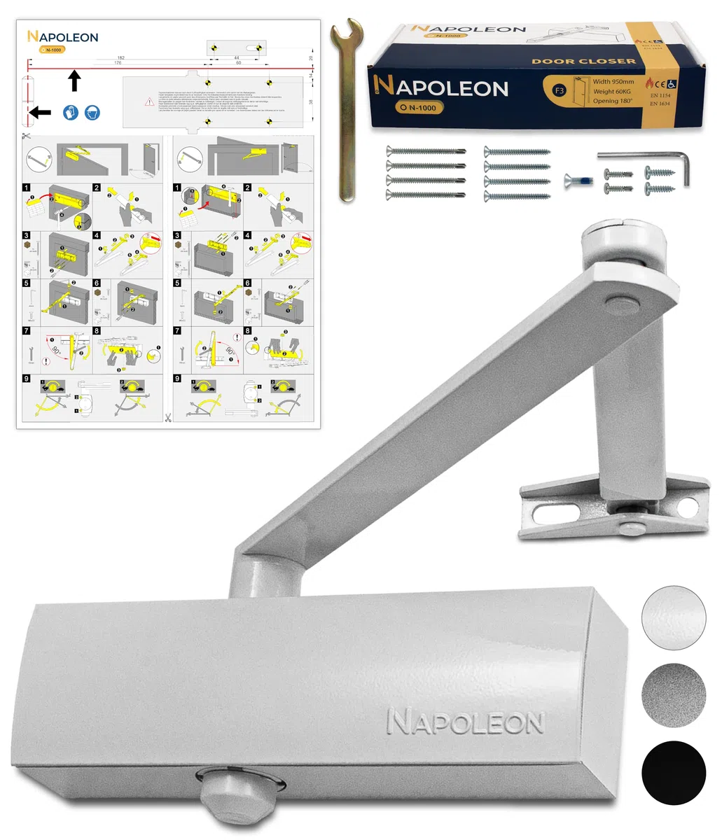 NAPOLEON N-1000 Cierrapuertas Automático Robusto - Normas EN1154/EN1634 - Comercial & Residencial - Puertas de 20Kg a 60Kg Tamaño 3 - Plantilla de Taladros - Instalación Fácil y Rápida (Blanco)