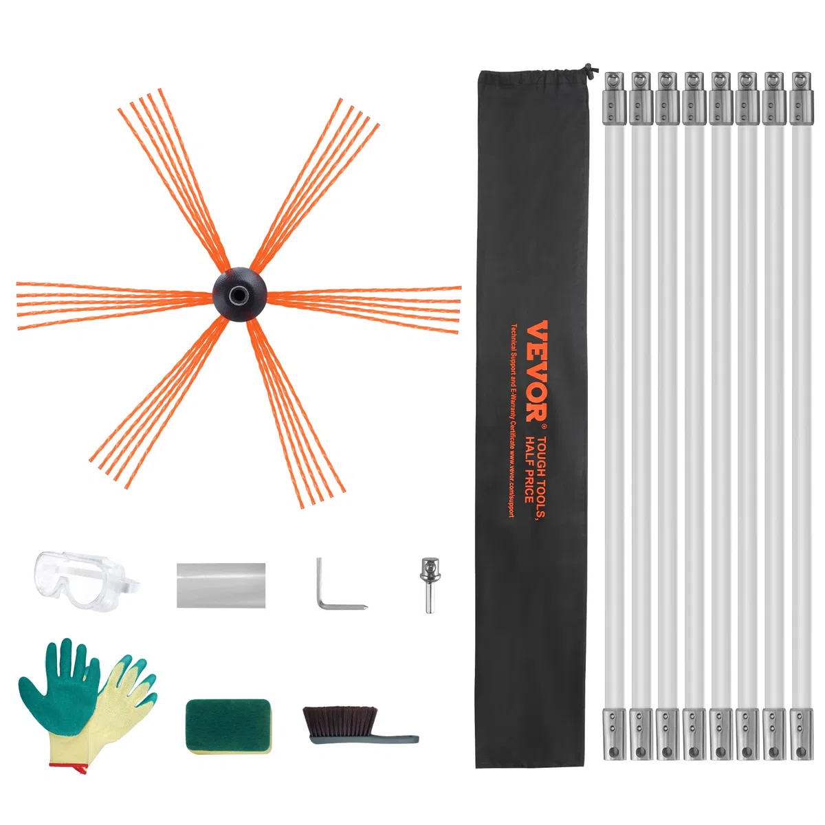VEVOR Kit de Deshollinador de Chimeneas 8 m Cepillo de Limpieza de 360° con 8 Varillas Flexibles Nailon Accesorios para Conductos de Chimeneas Uso Doméstico Adecuado para la Mayoría de los Conductos