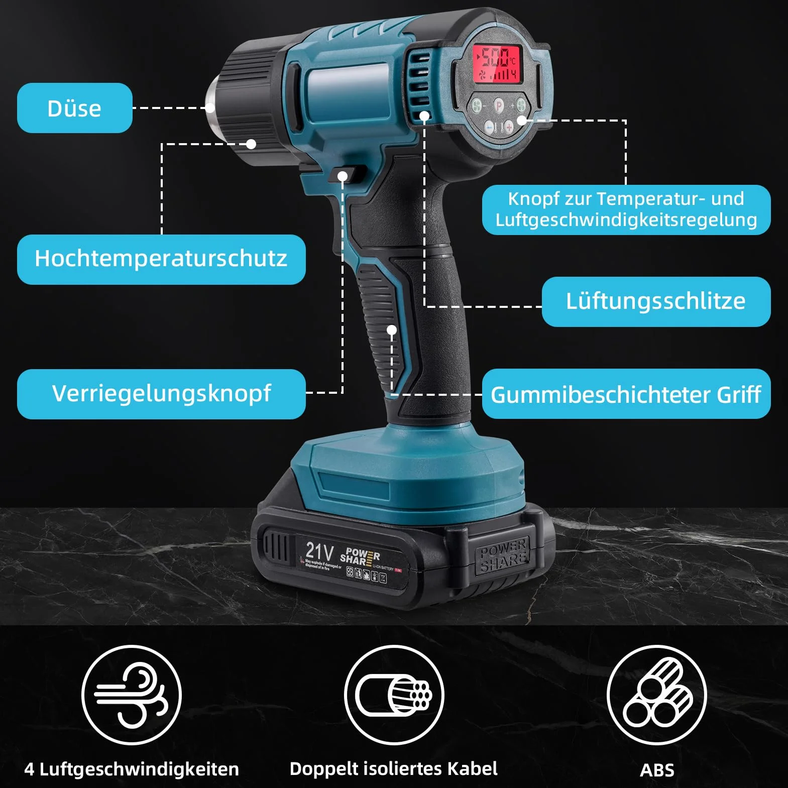 Kit de pistola de aire caliente con batería de 200 ℃ y 300 ℃ con 2 baterías de 21 V, pantalla digital LCD, 3 boquillas, soplador de aire caliente eléctrico, calentamiento rápido para decapar