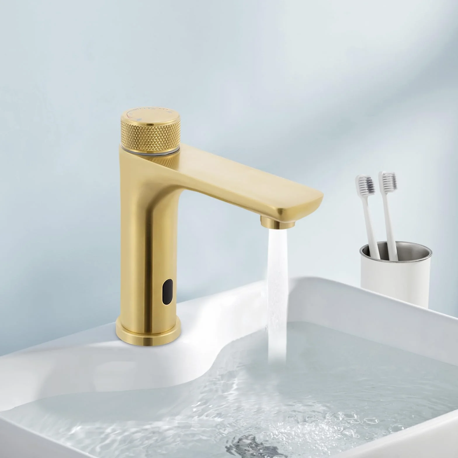 Grifo de baño con sensor, automático sin contacto, grifo de lavabo para lavabo, baño, cocina, lavabo de mano (dorado)