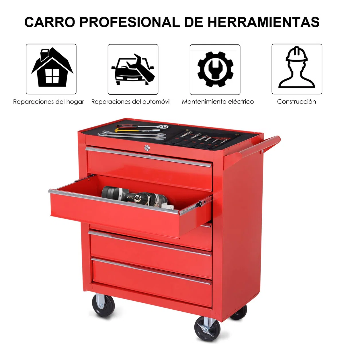 DURHAND Caja Taller Carro de Herramientas con Ruedas Cerradura Tipo Mueble de Almacenamiento para Taller Garaje y Hogar Chapa de Acero 69x33x75cm Rojo