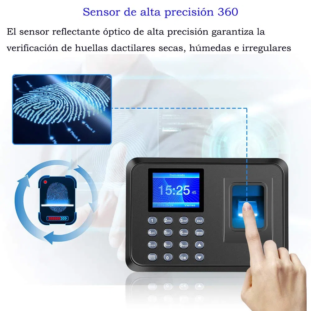 Aktivstar Máquina Fichar de Asistencia Biométrica de Huella Dactilar con Sistema Española Pantalla LCD Memoria de 8GB, con Capacidad de 1000 Huellas de fichar