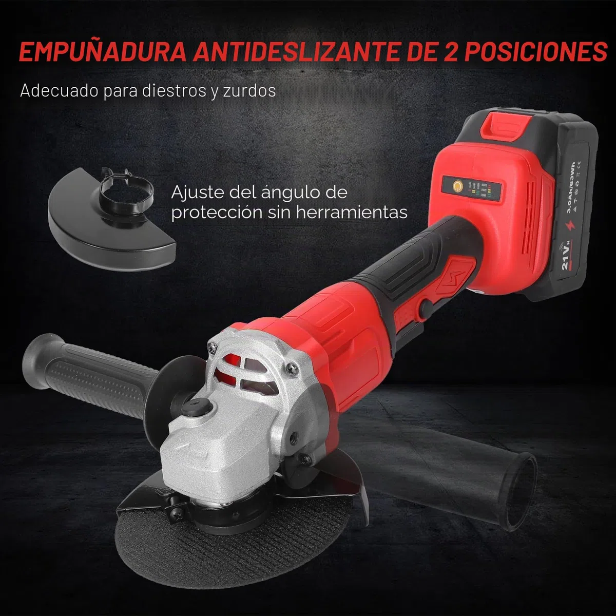 Amoladora Angular a Batería 2x 3000 mAh& Cargador Rápido, 21V, 125 mm Amoladora Angular Eléctrica sin Escobillas con 6 Discos para Cortar, 3 Velocidades, 12.000 RPM, para Cortar, Desbastar