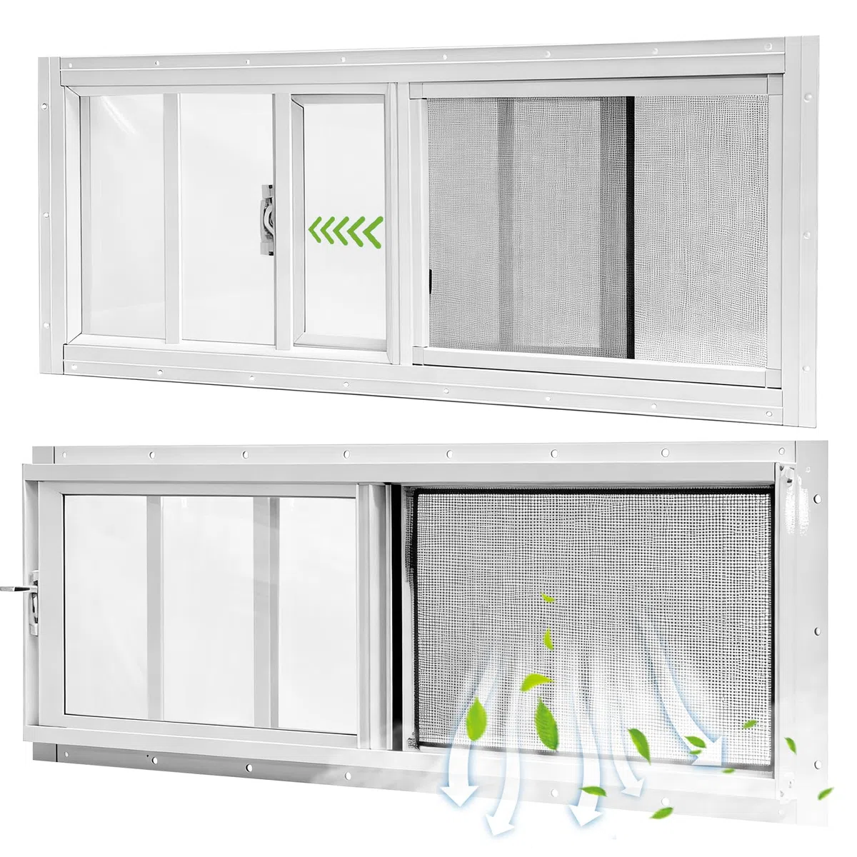 Yuzzy Paquete de 2 ventanas correderas de 12 x 36 pulgadas con vidrio templado y pantalla de fibra de vidrio extraíble para cobertizo, gallinero, casa de juegos, hogar, garaje, graneros (blanco)