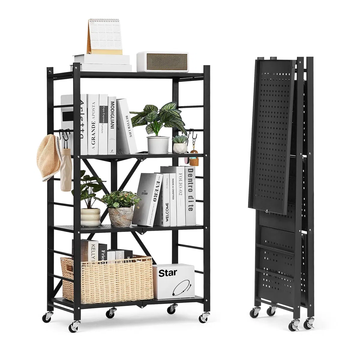 VEVOR Estante de Almacenamiento Plegable de 4 Niveles con Ruedas 66 x 33 x 117 cm Estantería Metálica Móvil Resistente, sin Necesidad de Ensamblaje, Organizador para Garaje, Cocina, Sótano, Negro
