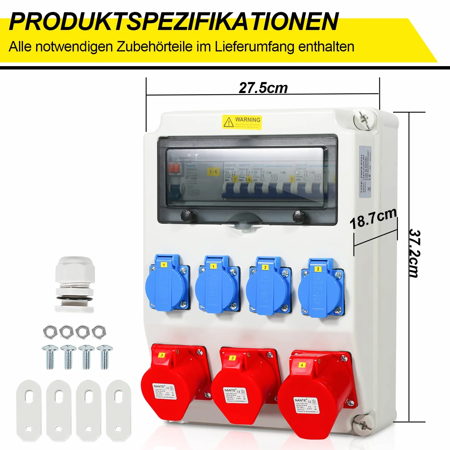 Randaco Distribuidor de pared con disyuntor y distribuidor de corriente FI,5 polos con 4 enchufes Schuko y enchufe CEE de 16/32 A para interior y exterior