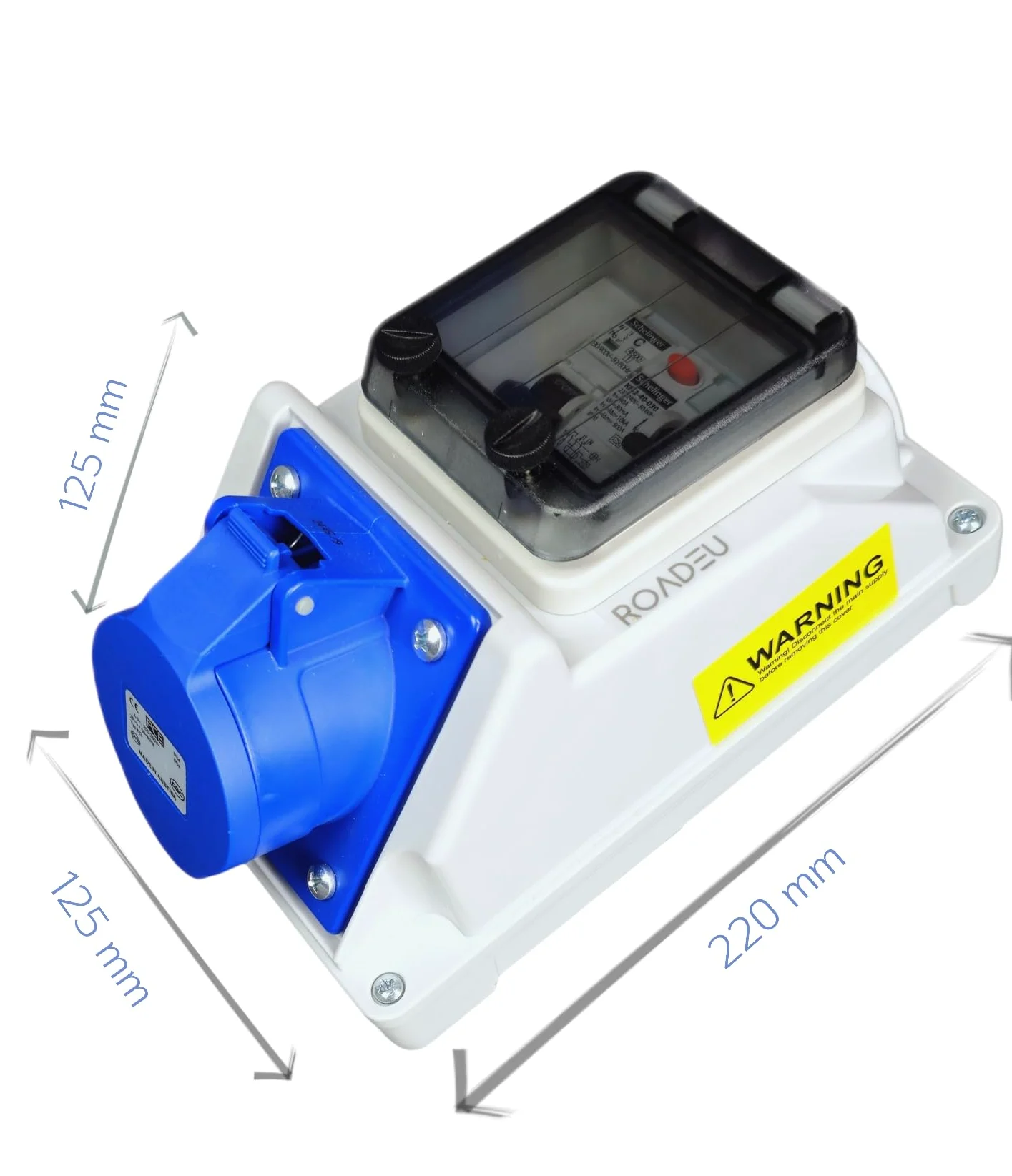 RoadEu - Toma de pared combinada CEE 32A 3P, con interruptor automático e interruptor diferencial, protección IP54. Ideal como distribuidor de pared para talleres, cobertizos o jardines.